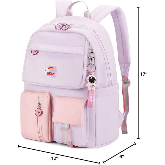 Cute Girls School Backpack Purple Pink Waterproof Bookbag with Keychain Gift - Picture 3 of 14